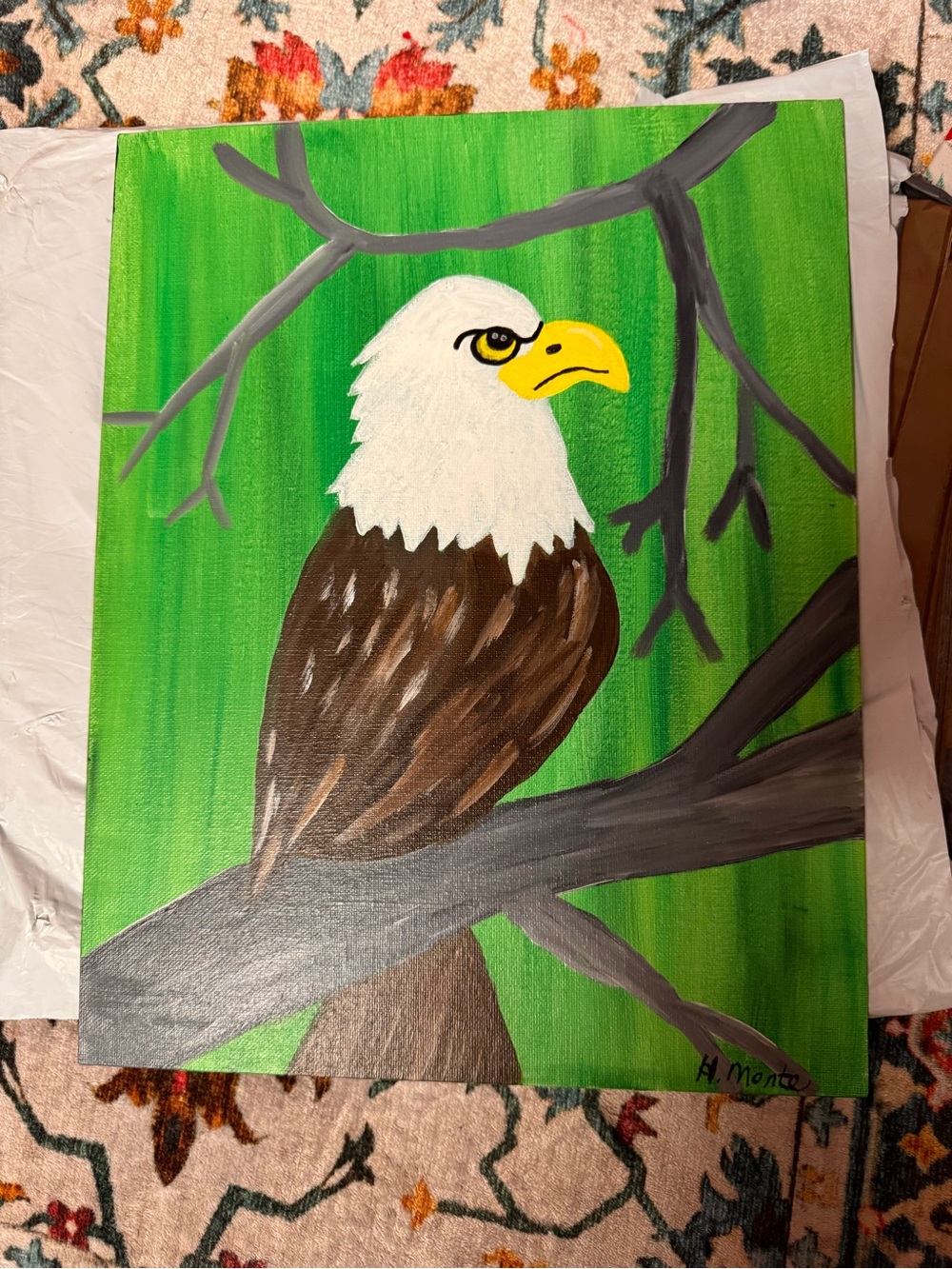 Bald Eagle Acrylic Canvas Painting in Green Background